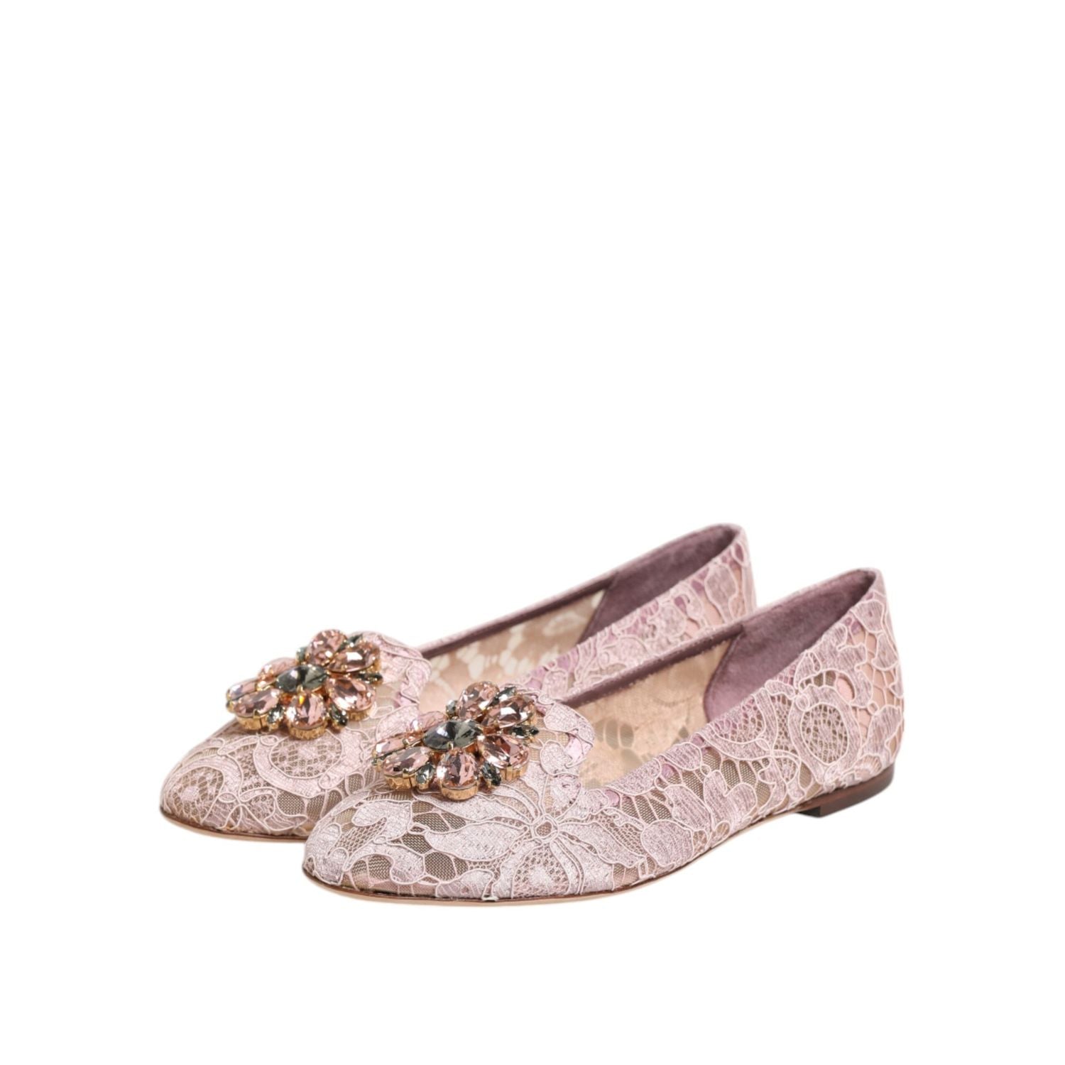 Dolce & Gabbana Pink Taormina Lace Crystals Flats Shoes