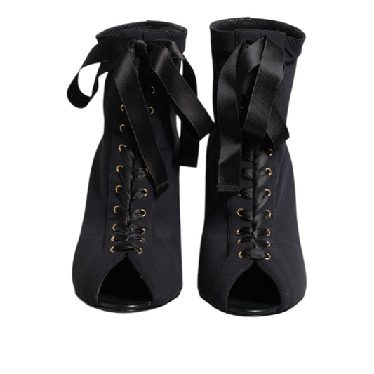 Dolce & Gabbana Black Stiletto Heels Lace Up Boots Shoes LA11464-38