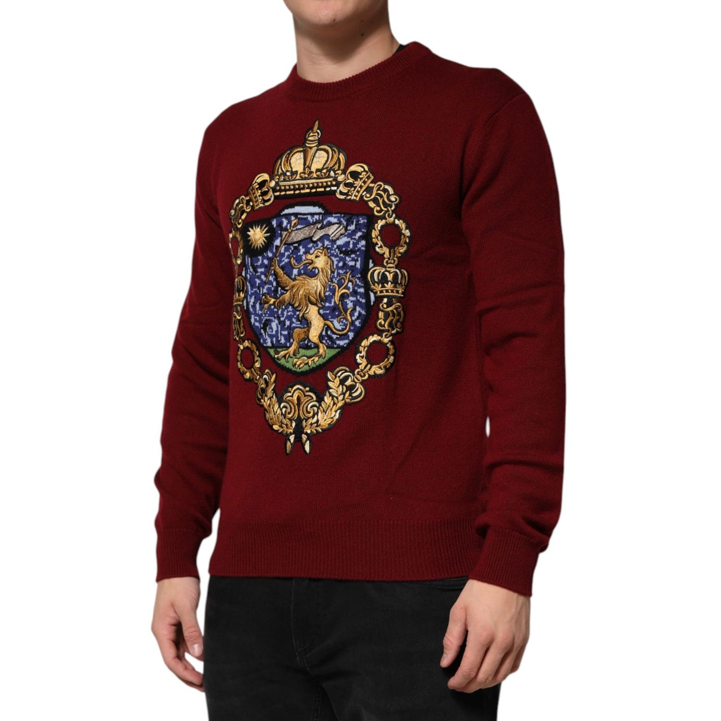 Dolce & Gabbana Burgundy Cashmere Lion Crest Pullover Sweater