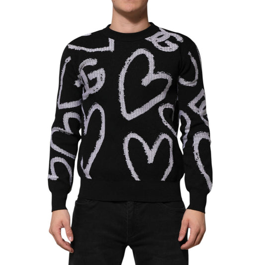 Dolce & Gabbana Black Nylon Wool Heart Print Pullover Sweater TSH91269-XS