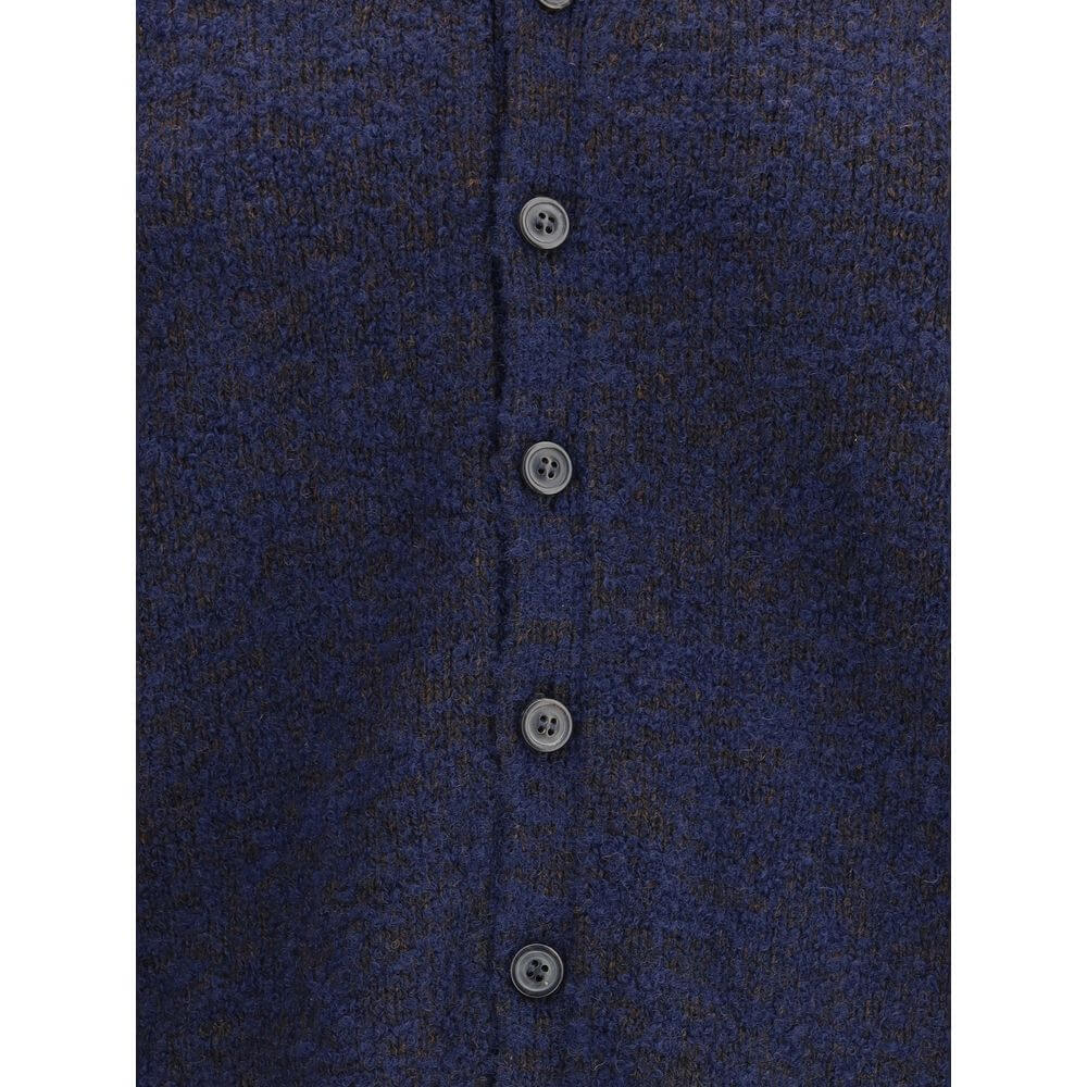 Close-up of Margiela Blue Wool Cardigan with buttons and ribbed texture showcasing the refined design elegance.