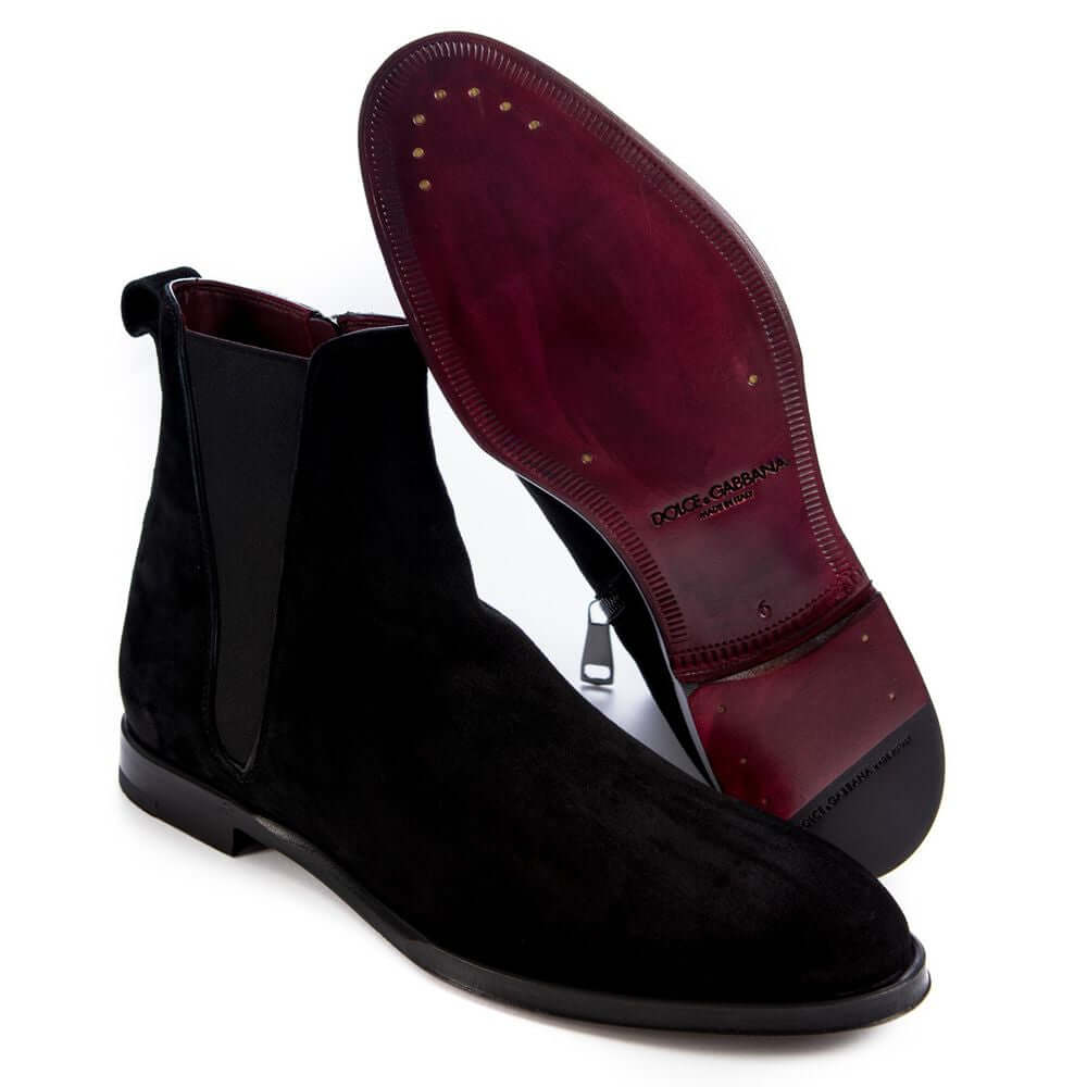 Dolce & Gabbana Black Calfskin Men Ankle Boot with red leather sole and zipper