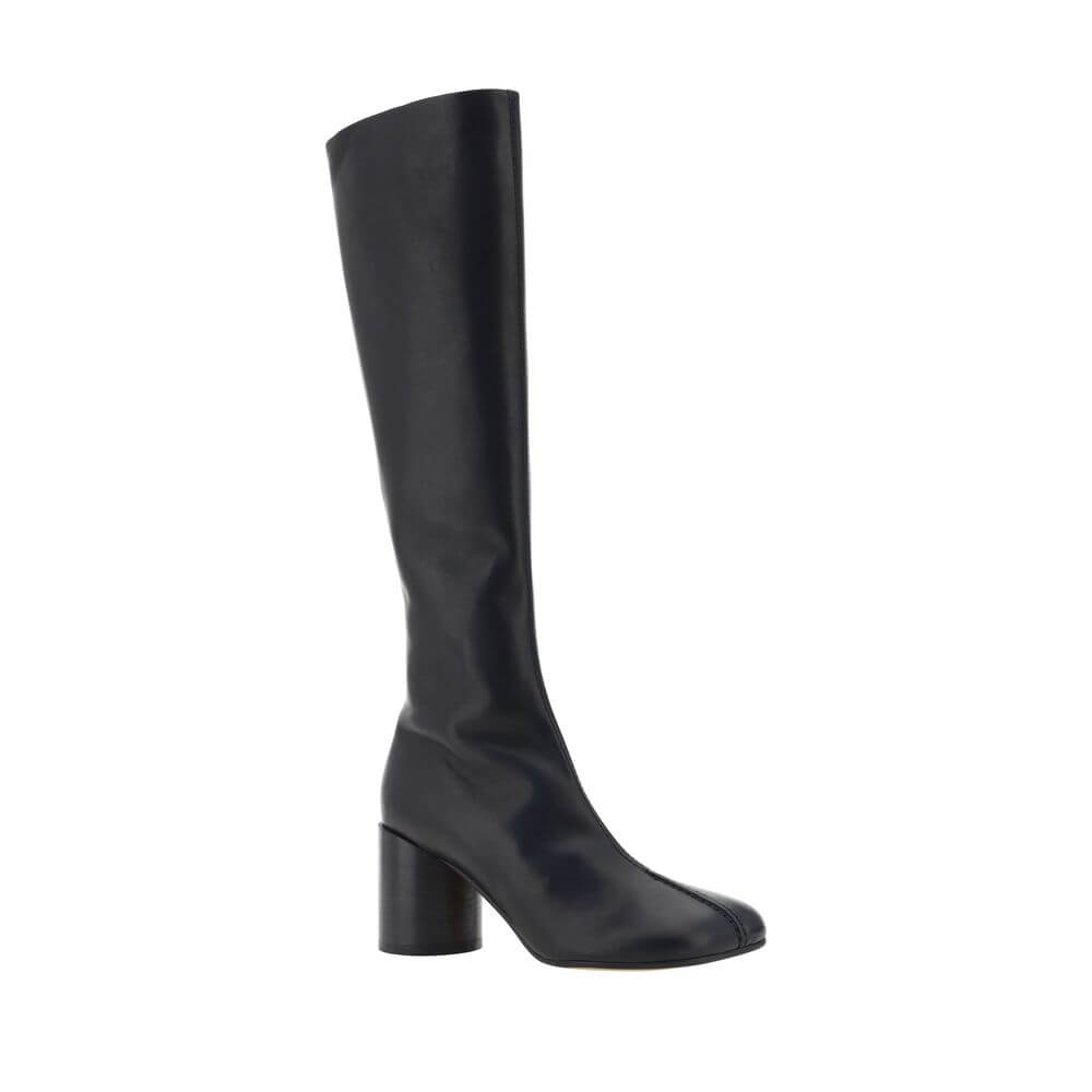"MM6 Black Calf Leather Bos Taurus Boots featuring iconic Tabi toe and side zip, knee-high with cylindrical heel, made in Italy."