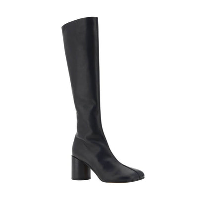 "MM6 Black Calf Leather Bos Taurus Boots featuring iconic Tabi toe and side zip, knee-high with cylindrical heel, made in Italy."