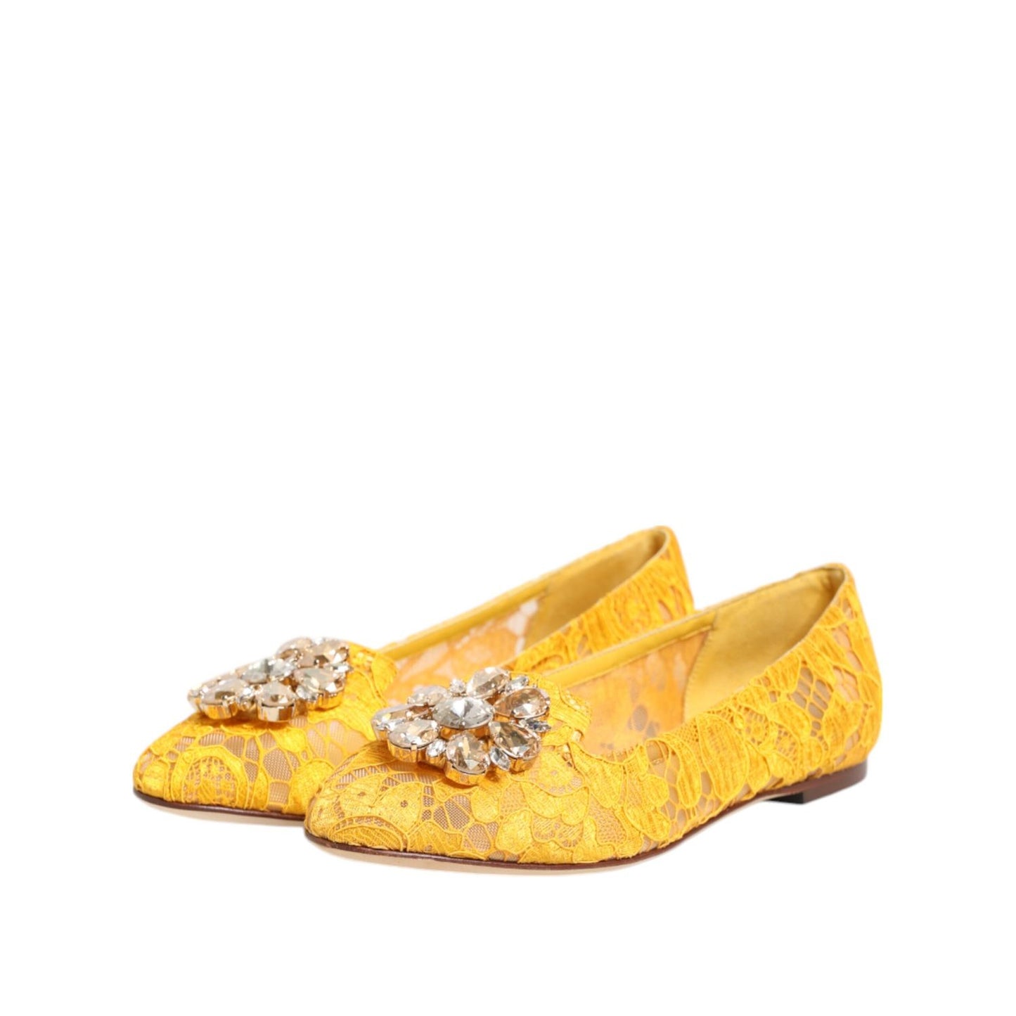 Dolce & Gabbana Yellow Taormina Lace Crystals Flats Shoes