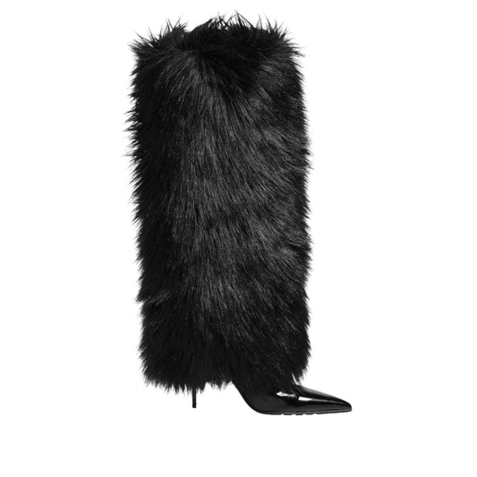 Dolce & Gabbana Black Faux Fur Pointed Knee High Stiletto Boots Shoes LA12891-39