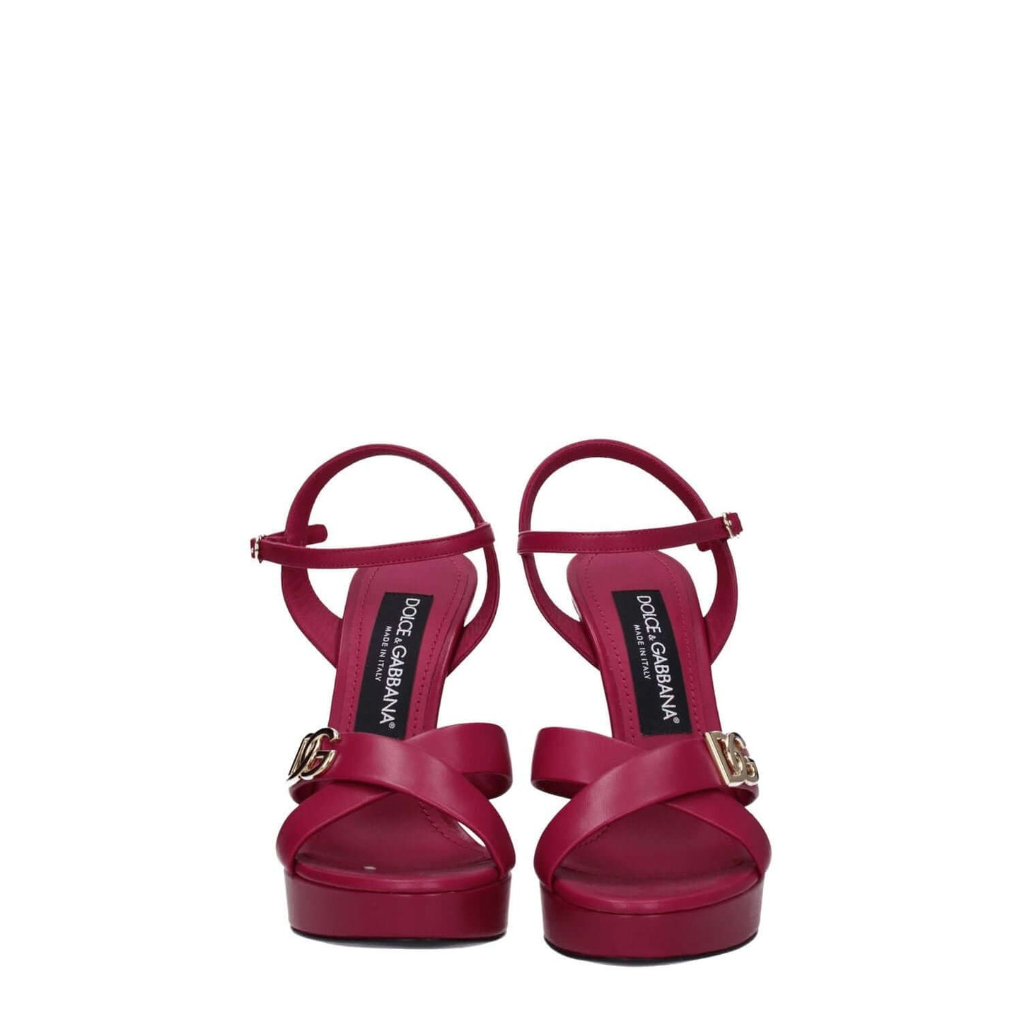 Dolce & Gabbana Pink Leather Platform Sandals with buckle closure, open toe, and high heel in fuchsia color.