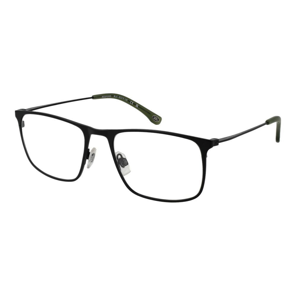 Land Rover Black Men Glasses Frame in black stainless steel, full-rim style, rectangular lenses, includes branded case, demo lenses.