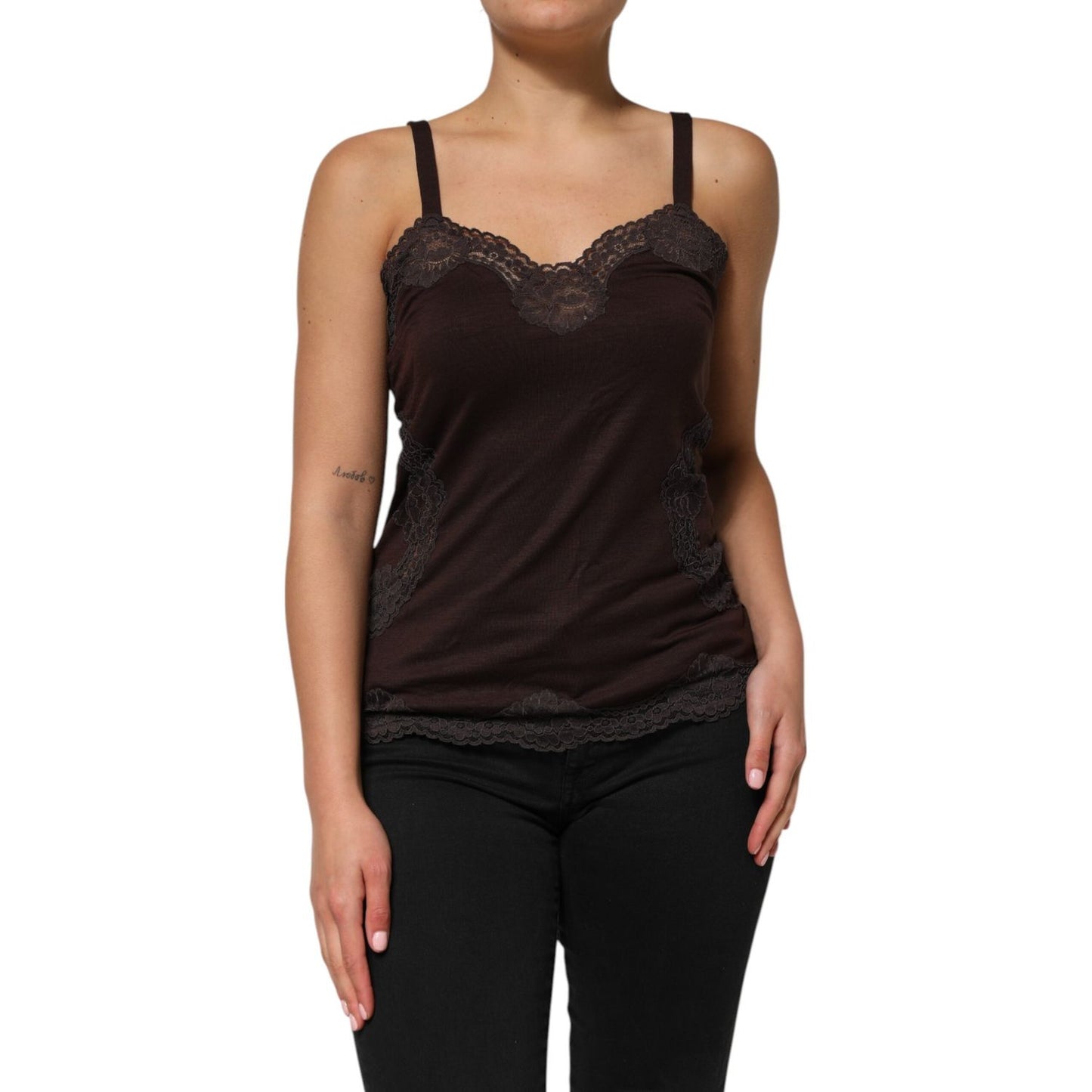 Dolce & Gabbana Dark Brown Lace Trim Wool Sleeveless Tank Top