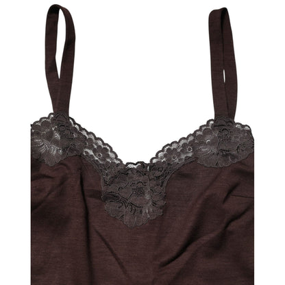 Dolce & Gabbana Dark Brown Lace Trim Wool Sleeveless Tank Top