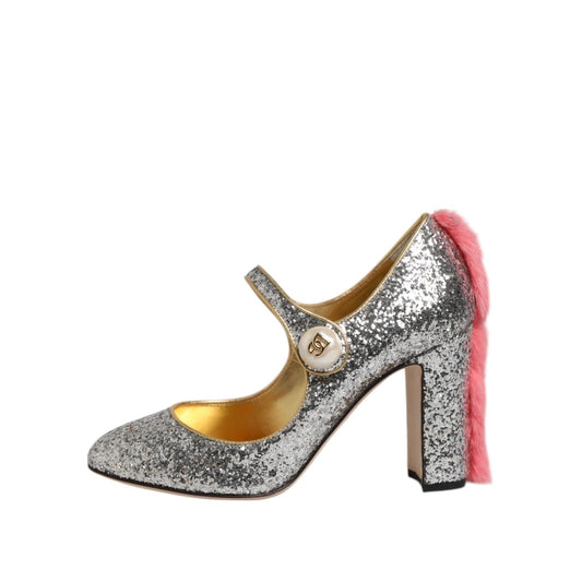 Dolce & Gabbana Silver Glitter Mink Fur VALLY Pump Shoes LA12827-37