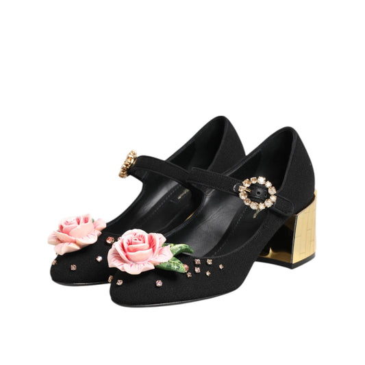 Dolce & Gabbana Black Flower Crystal Embellished Mary Jane Shoes LA12899-35