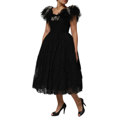 Dolce & Gabbana Black Crystal Embellished Midi A-line Dress