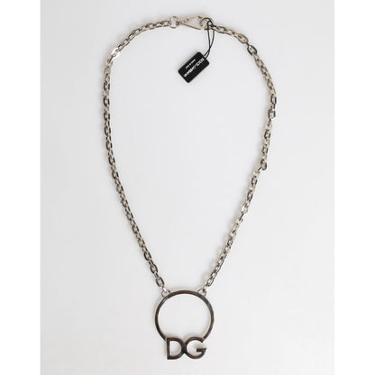 Dolce & Gabbana Silver Tone Brass Chain DG Logo Pendant Men Necklace