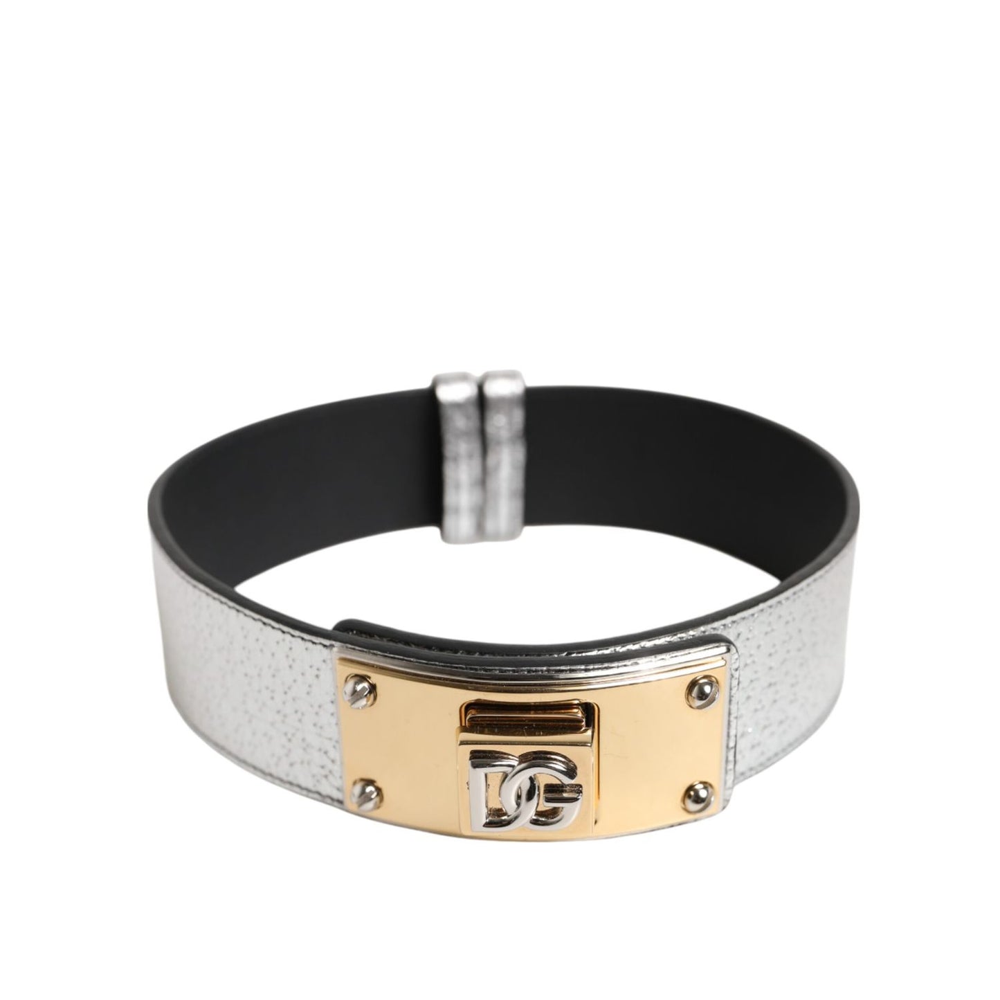Dolce & Gabbana Silver Textured Leather Gold Tone Metal Neckband