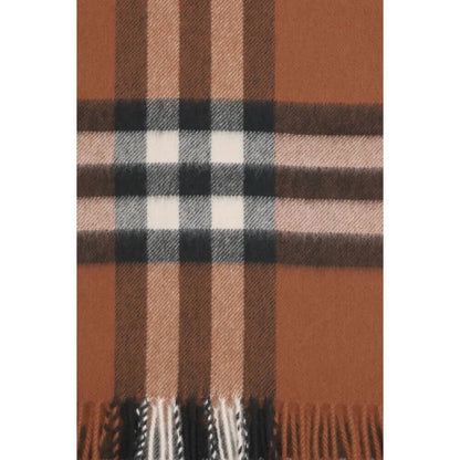 Burberry Brown Cashmere Scarf featuring classic check design with fringed ends, 100% Kashmir, elegant autumn accessory.