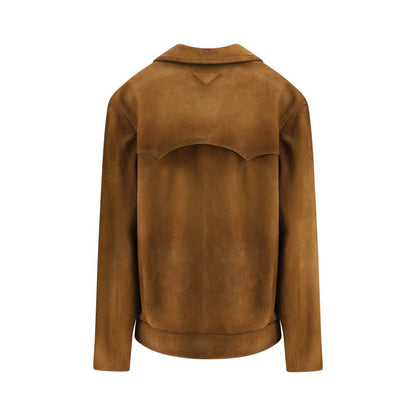 Prada Brown Leather Jacket - rear view of suede design with classic collar, button closure, and welt pockets. Iconic for AW25 season.