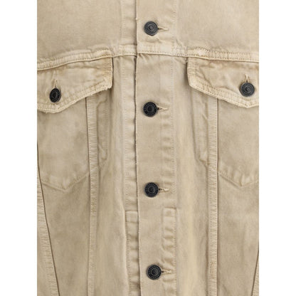 Close-up of Balenciaga Beige Cotton Denim Jacket front with 7-button closure and flap pockets.