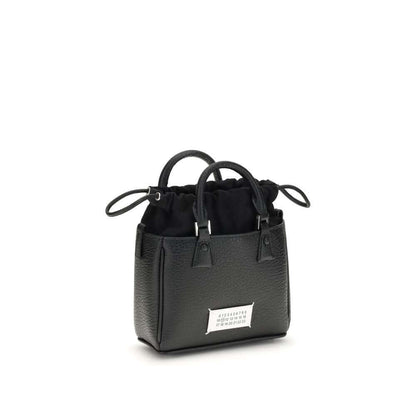 Margiela Black Calf Leather Bos Taurus Shoulder Bag with logo label, hand-painted edges, and leather-covered metal rivets.