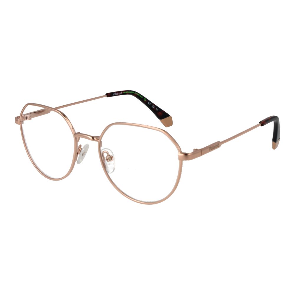 Polaroid Gold Unisex Glasses Frame, full-rim round style, metal material, suitable for any gender, includes branded case.