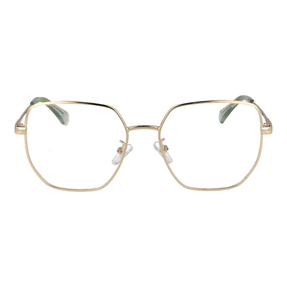 Polaroid Gold Women Glasses Frame with full-rim metal square design, gold frame, demo lenses, and 145mm temples.