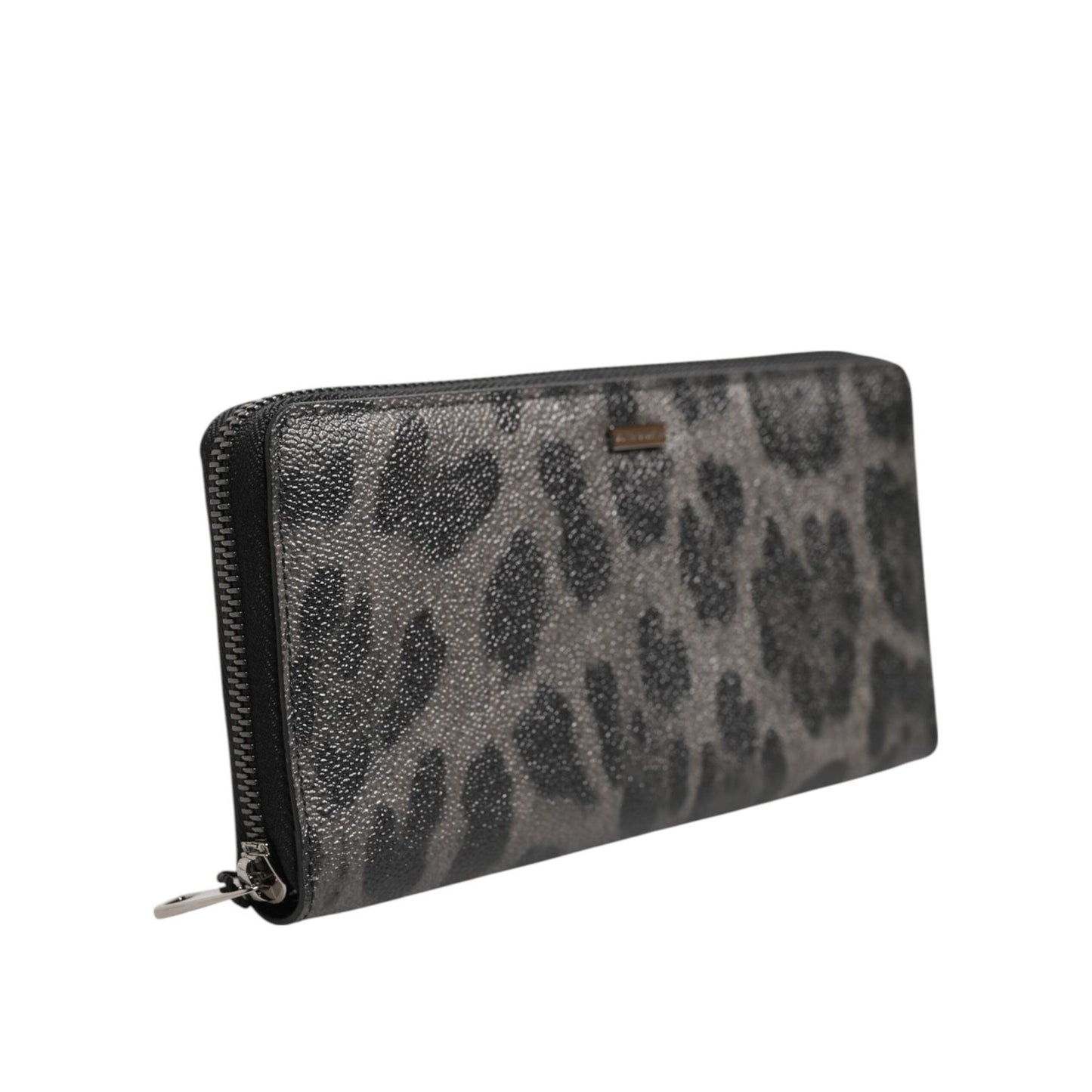 Dolce & Gabbana Black Gray Leopard Leather Zip Around Continental Wallet with bill, card, coin slots and zipper closure.