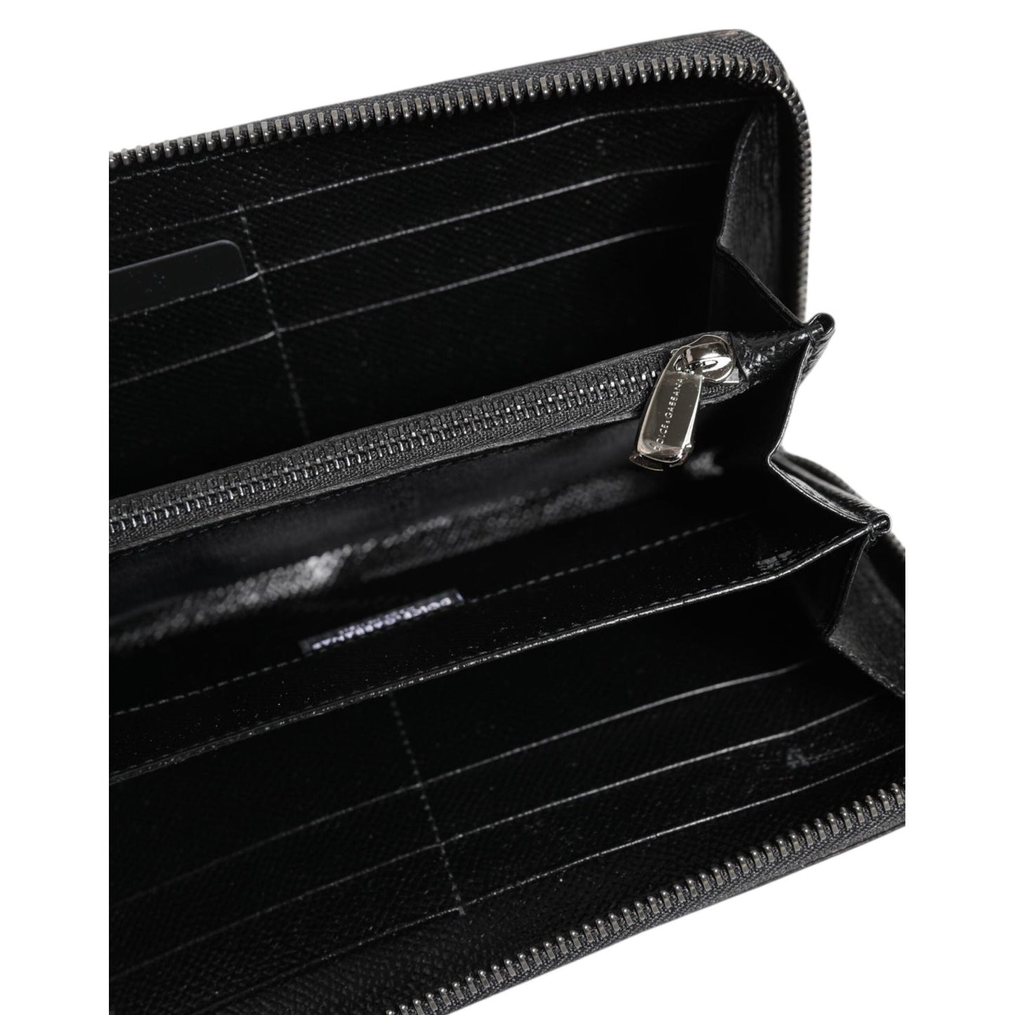 Dolce & Gabbana Black Gray Leopard Leather Zip Around Continental Wallet with multiple slots and zipper closure, interior view.