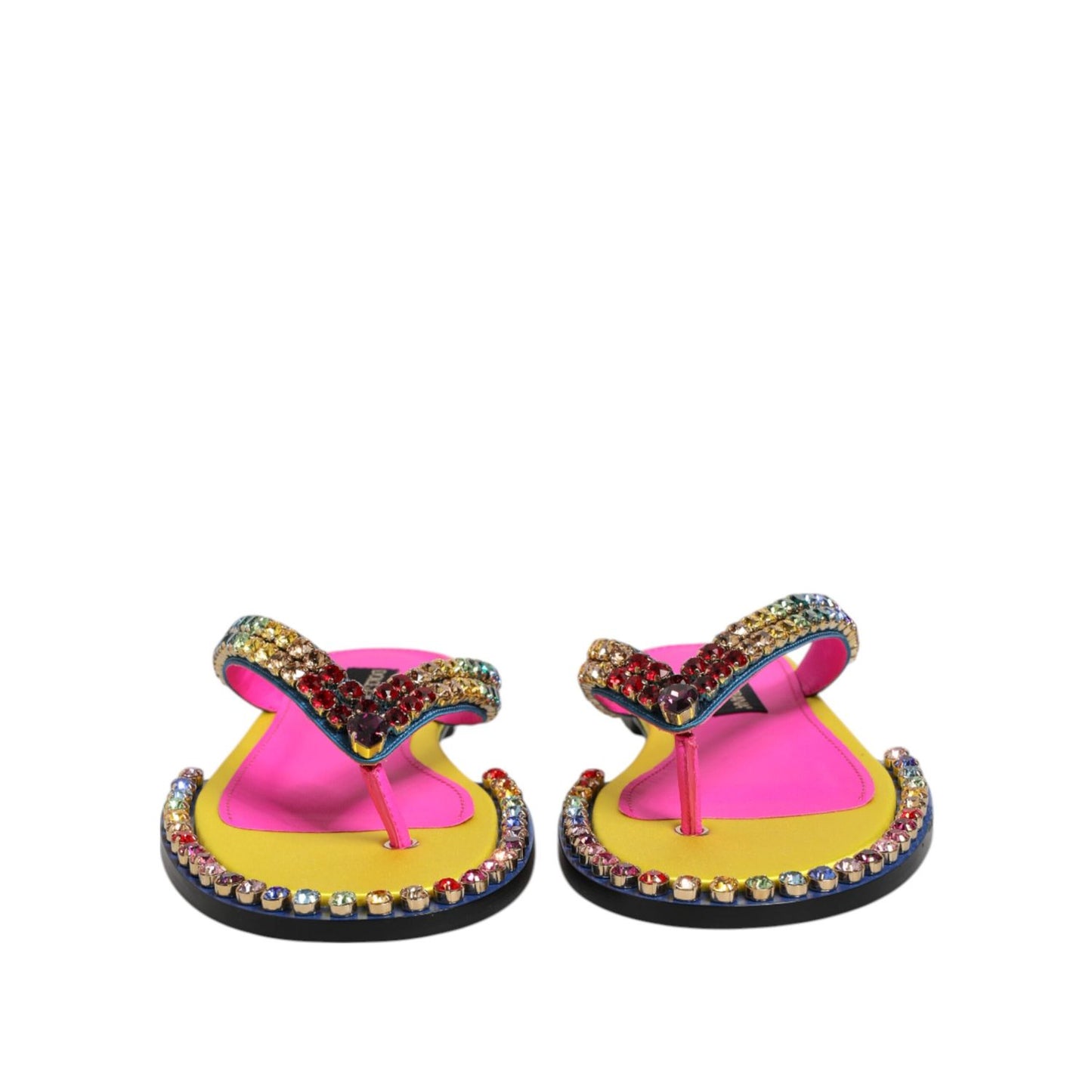 Dolce & Gabbana Multicolor Rhinestone Flip Flop Flat Sandals Shoes with crystal embellishments and calf leather design.