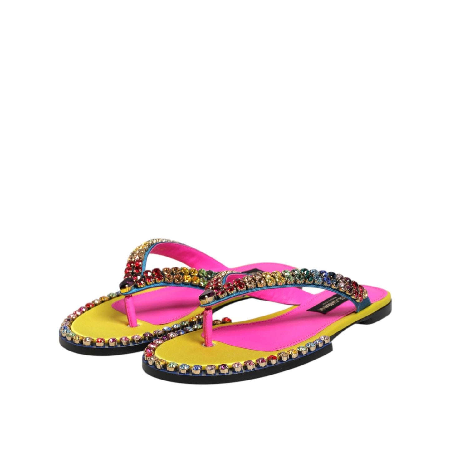 Dolce & Gabbana Multicolor Rhinestone Flip Flop Flat Sandals Shoes with crystal embellishments, calf leather, made in Italy.
