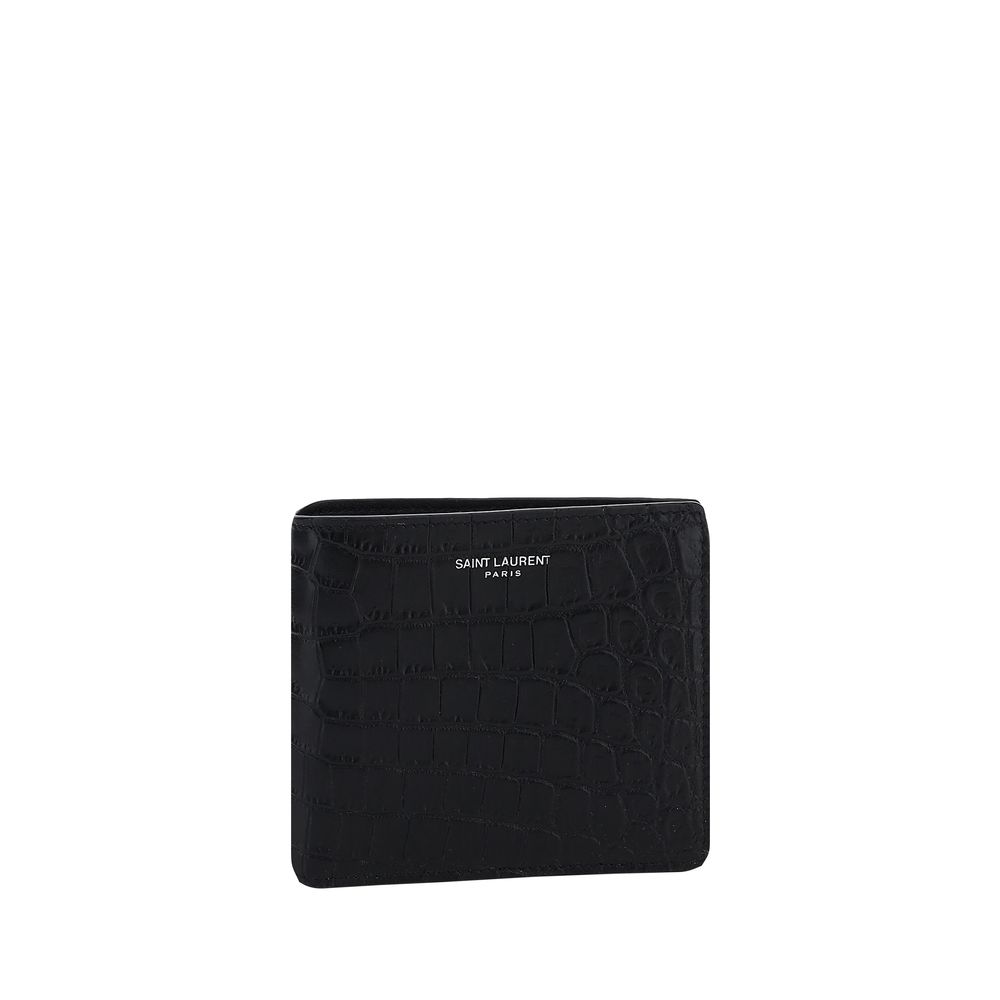 Saint Laurent Black Calf Leather Bos Taurus Wallet front view, features embossed brand monogram, card and bill slots, 100% calf leather.