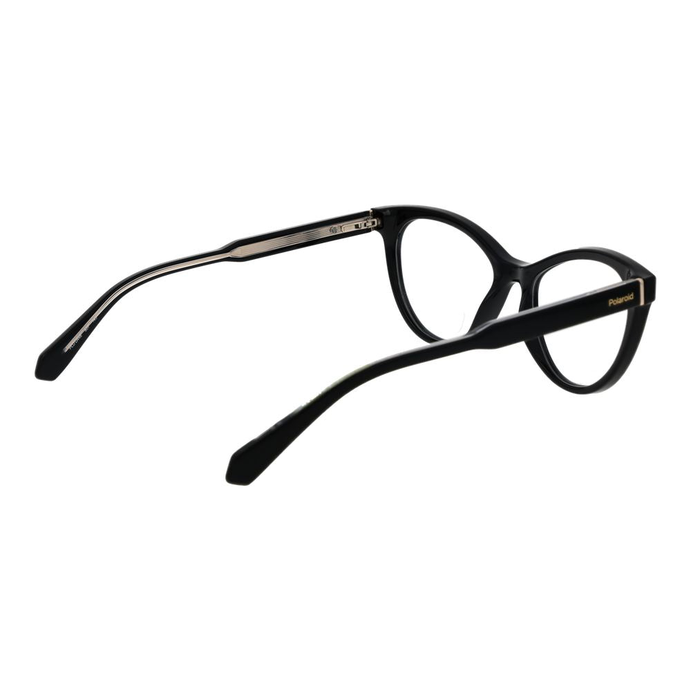 Polaroid Black Women Glasses Frame, full-rim cat eye design in black cellulose propionate, shown with demo lenses, temples length 145mm.