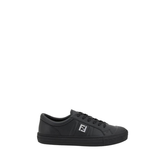 Fendi Black Calf Leather Bos Taurus Athletic Sneakers with logo and lace-up closure, side view