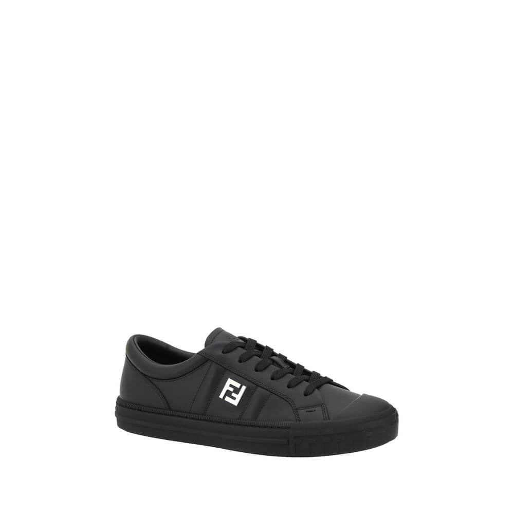 Fendi Black Calf Leather Bos Taurus Athletic Sneakers with lace-up closure and logo detail on side