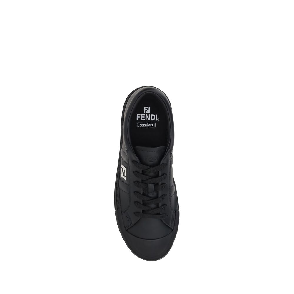 Top view of Fendi Black Calf Leather Bos Taurus Athletic Sneakers showcasing the sleek design and iconic logo on the insole.