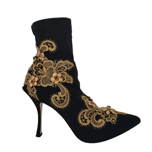 Dolce & Gabbana Black Gold Embroidery Crystal Boots Shoes with elegant gold detailing and crystal embellishments, slip-on style, side view