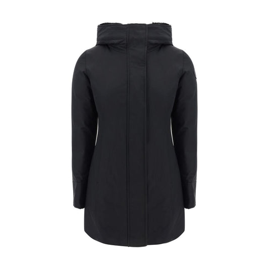 Woolrich Black Nylon Parka with faux fur-lined hood, front zipper, elastic cuffs, and iconic logo, shown from back view.