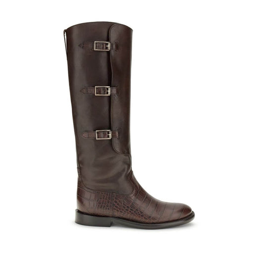 Paris Texas Brown Leather Lace-Up Boots with decorative buckles and embossed details