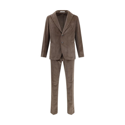 Tagliatore Brown Cotton Two-Piece Suit featuring retro style corduroy blazer with notched lapels and straight-leg trousers.