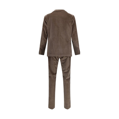 Back view of Tagliatore Brown Cotton Two-Piece Suit with notched lapels and straight-leg trousers showcasing a timeless corduroy style.