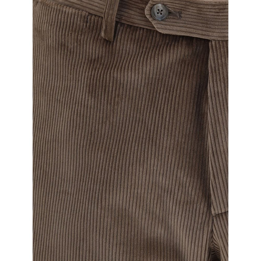 Close-up of corduroy fabric on the Tagliatore Brown Cotton Two-Piece Suit trousers.