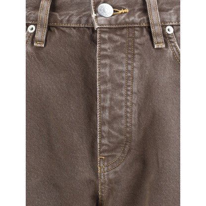 Close-up of Sunflower Brown Cotton Relaxed Fit Jeans with button and zipper closure, showing sustainable design details.