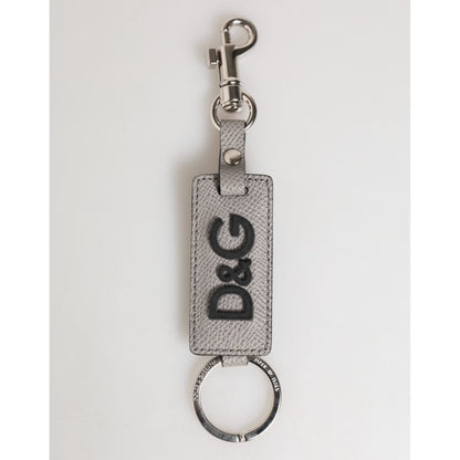 Dolce & Gabbana Gray Leather Logo Metal Ring Keychain Holder Men Keyring