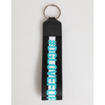 Dolce & Gabbana Multicolor Logo Polyester Brass Holder Keychain Keyring with black strap and turquoise lettering.