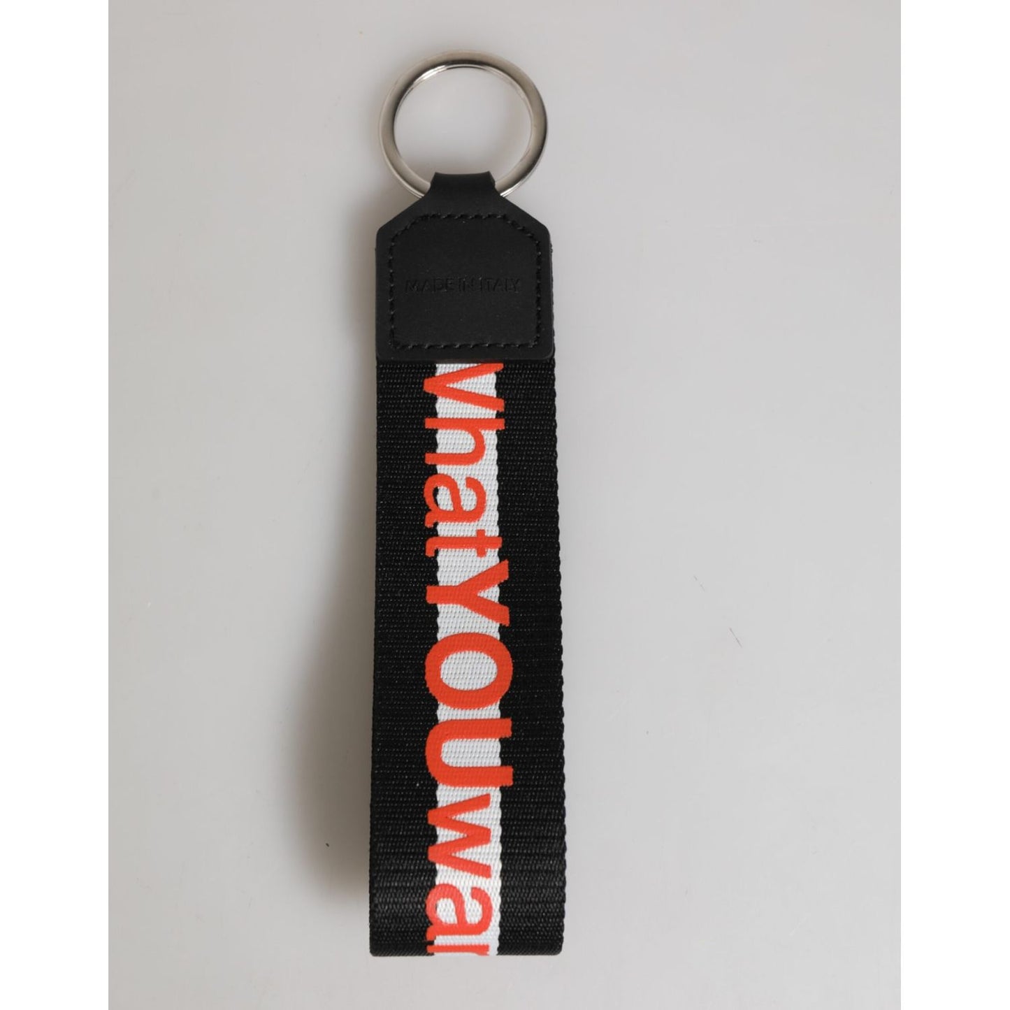 Dolce & Gabbana Black Red Logo Polyester Brass Holder Keychain Keyring with silver metal ring and red logo print.
