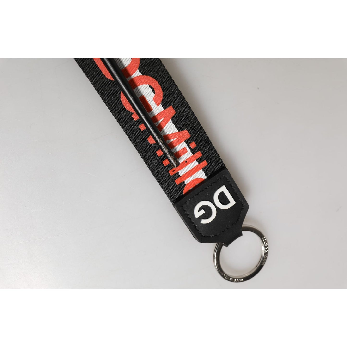Dolce & Gabbana Black Red Logo Polyester Brass Holder Keychain Keyring with silver detailing