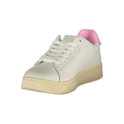 Tommy Hilfiger White Leather Women Sneaker with pink accents and logo, perfect for fashion-forward individuals seeking comfort and style.