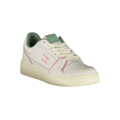 Tommy Hilfiger White Leather Women Sneaker with green and pink accents, lace-up design, and removable footbed for comfort.