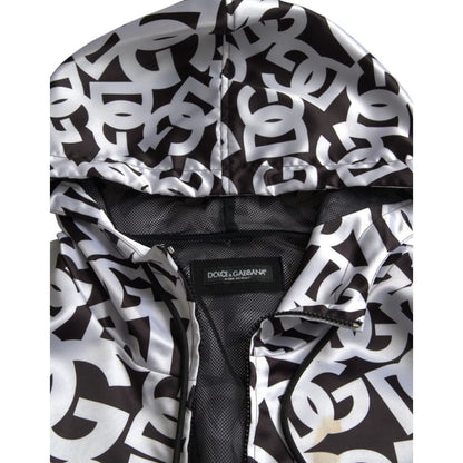 Dolce & Gabbana White Black Logo Hooded Full Zip Bomber Jacket