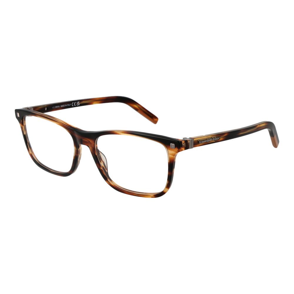 Ermenegildo Zegna Brown Men Glasses Frame in acetate with full-rim design, rectangular shape, size 56-17-145, includes branded case.