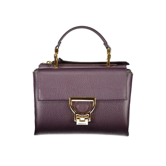 Elegant Coccinelle Purple Leather Women Handbag with gold hardware, removable handle, and adjustable strap for versatile use.